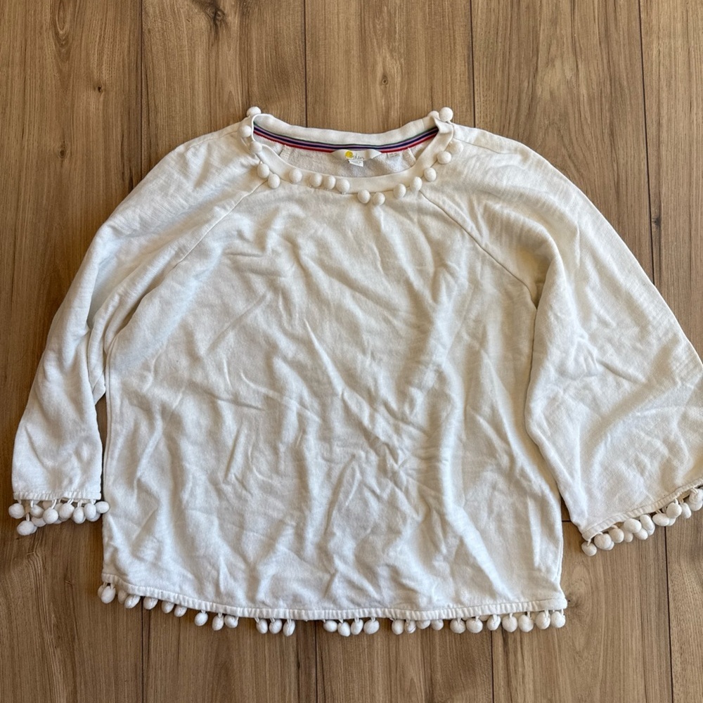 Boden Ivory Crewneck Top With Pom Pom Trim Detail Women’s Size 10 Boho Preppy